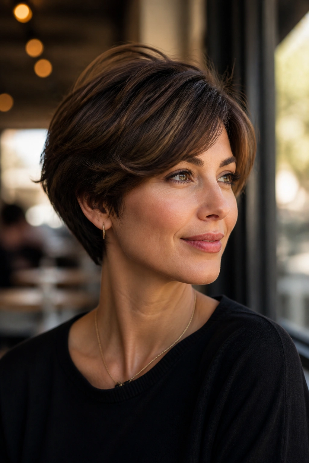 Real woman with a bixie haircut in warm cafe window light