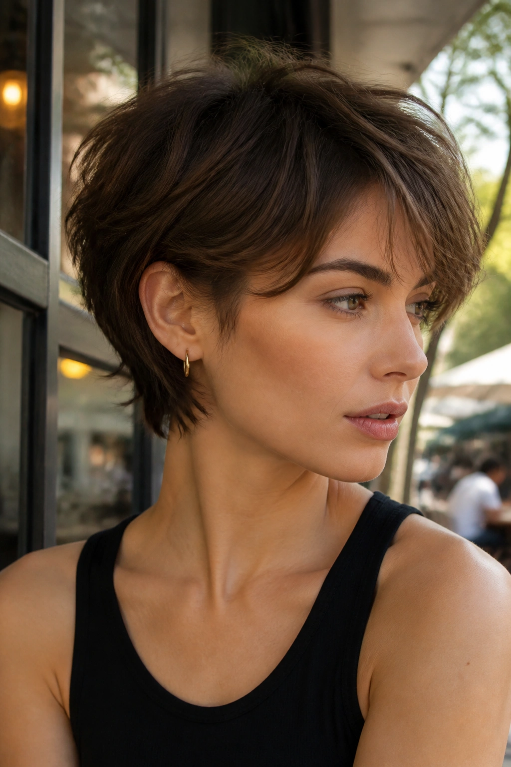 Real woman with bixie cut showing short back and longer top