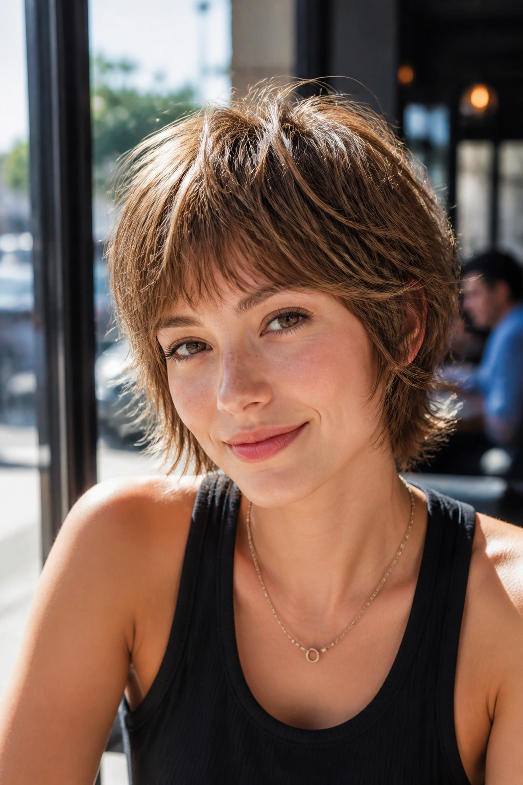 Portrait of a woman with a bixie haircut featuring a broken-up edge and perimeter fullness
