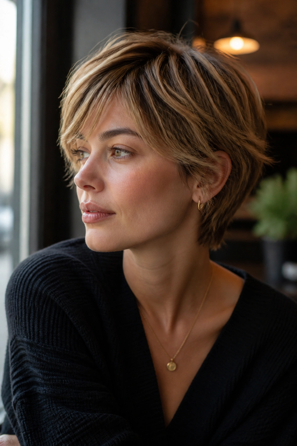 Real woman with bixie haircut in cafe window light