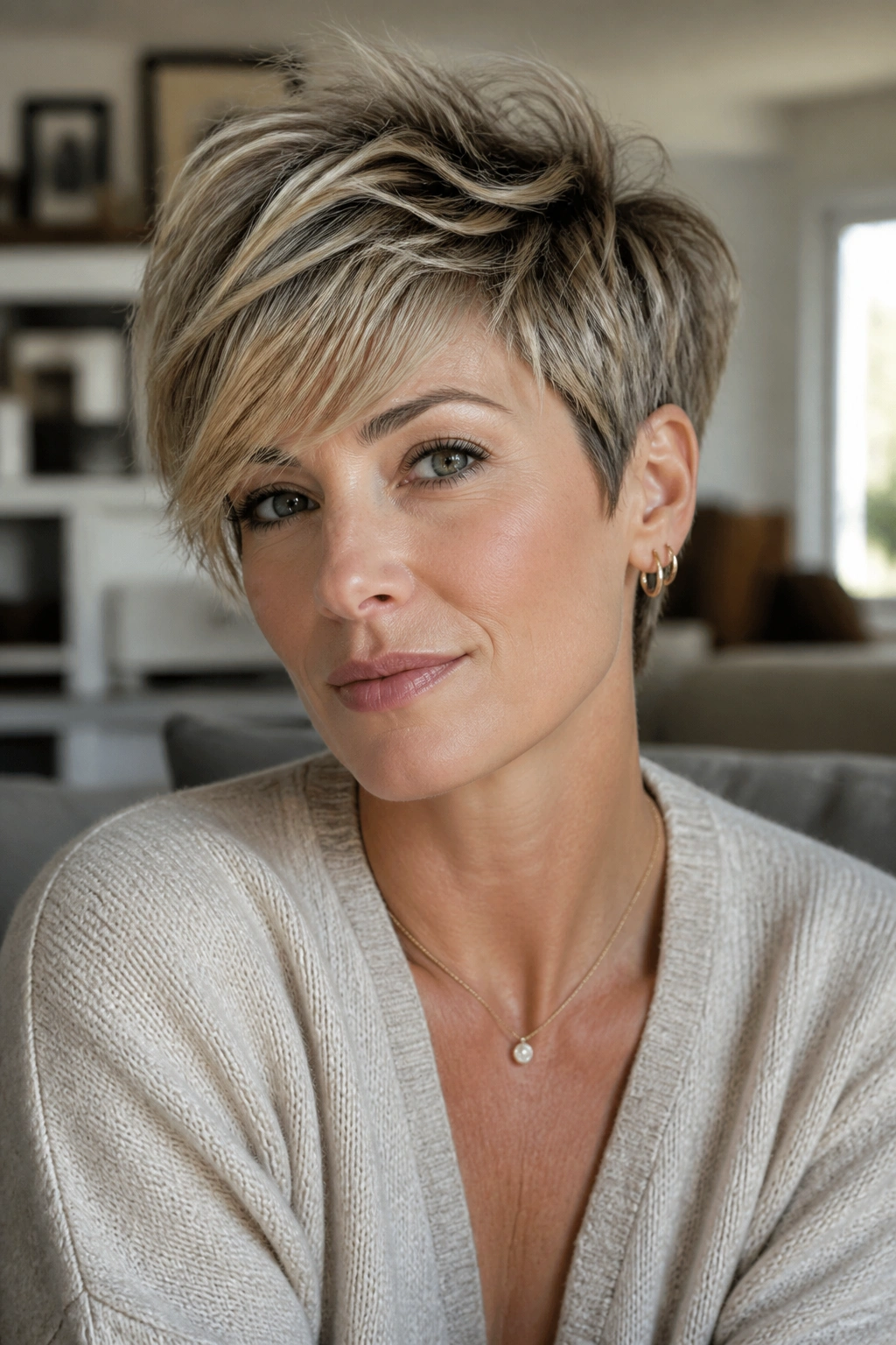 Close-up of a real woman with a bixie haircut in soft daylight