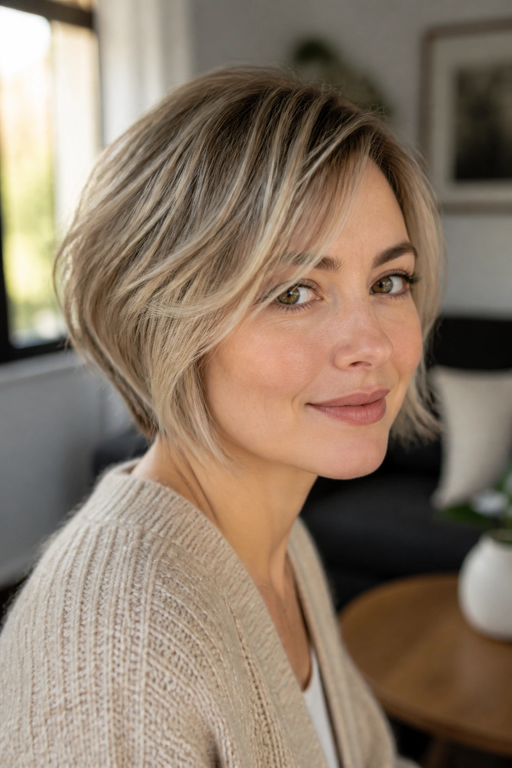 Close-up portrait of a real woman with bixie haircut showing jaw-length and soft layers