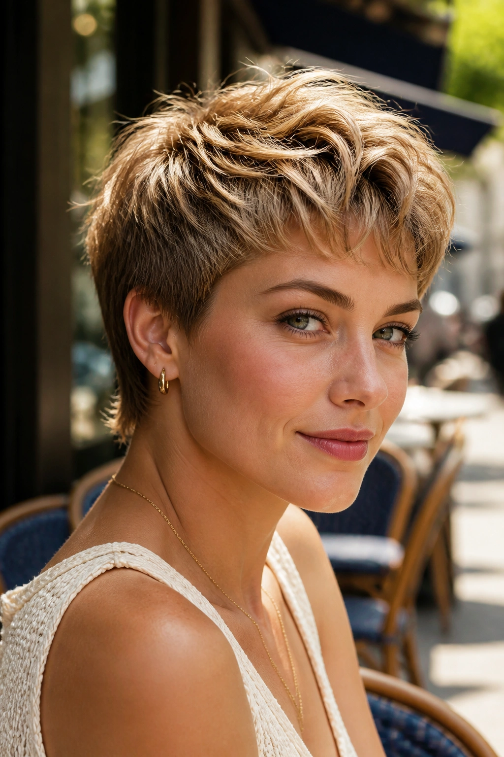 Woman with bixie haircut in natural daylight.
