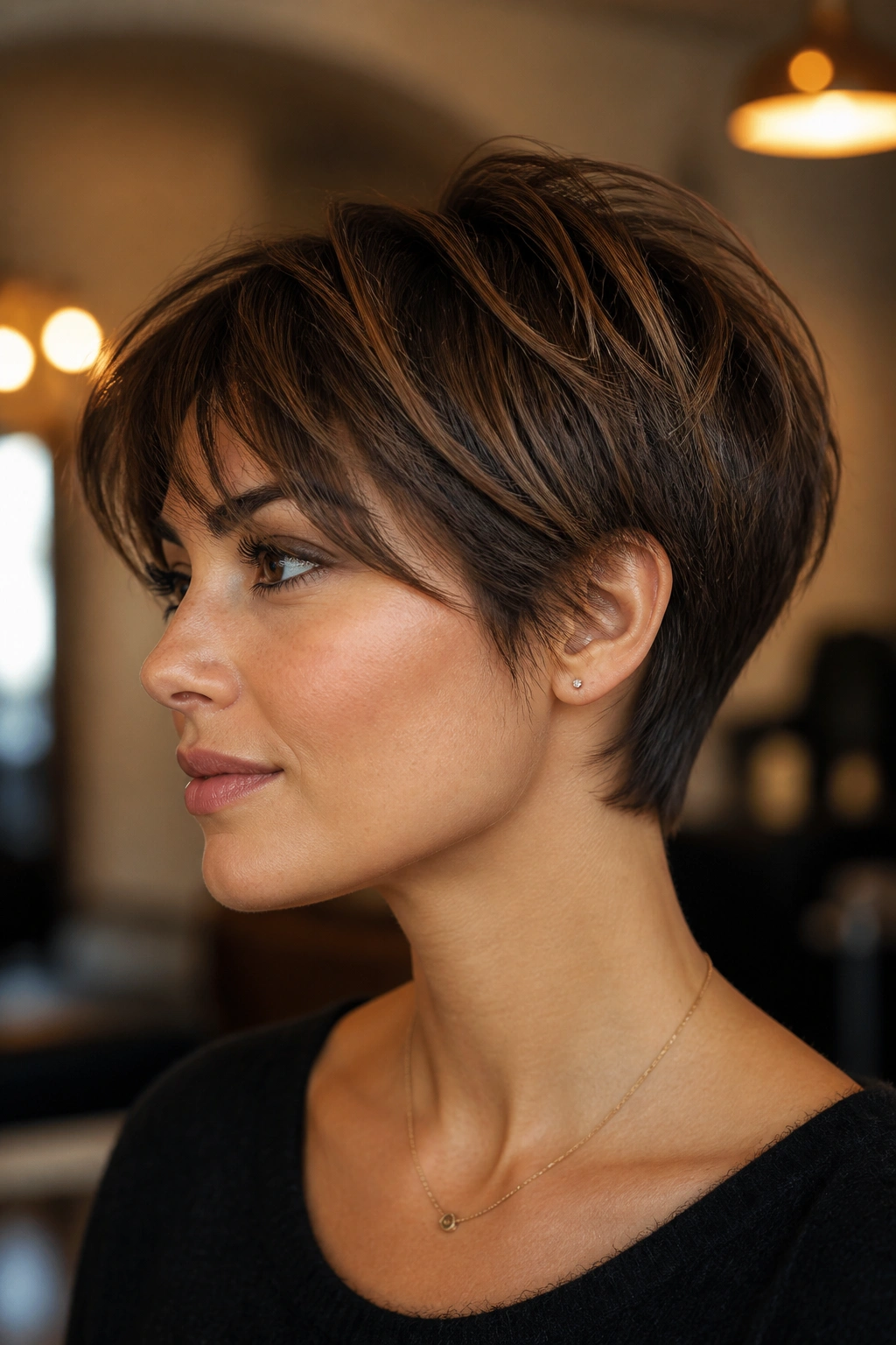 Close-up portrait of a real woman with bixie haircut and tapered nape