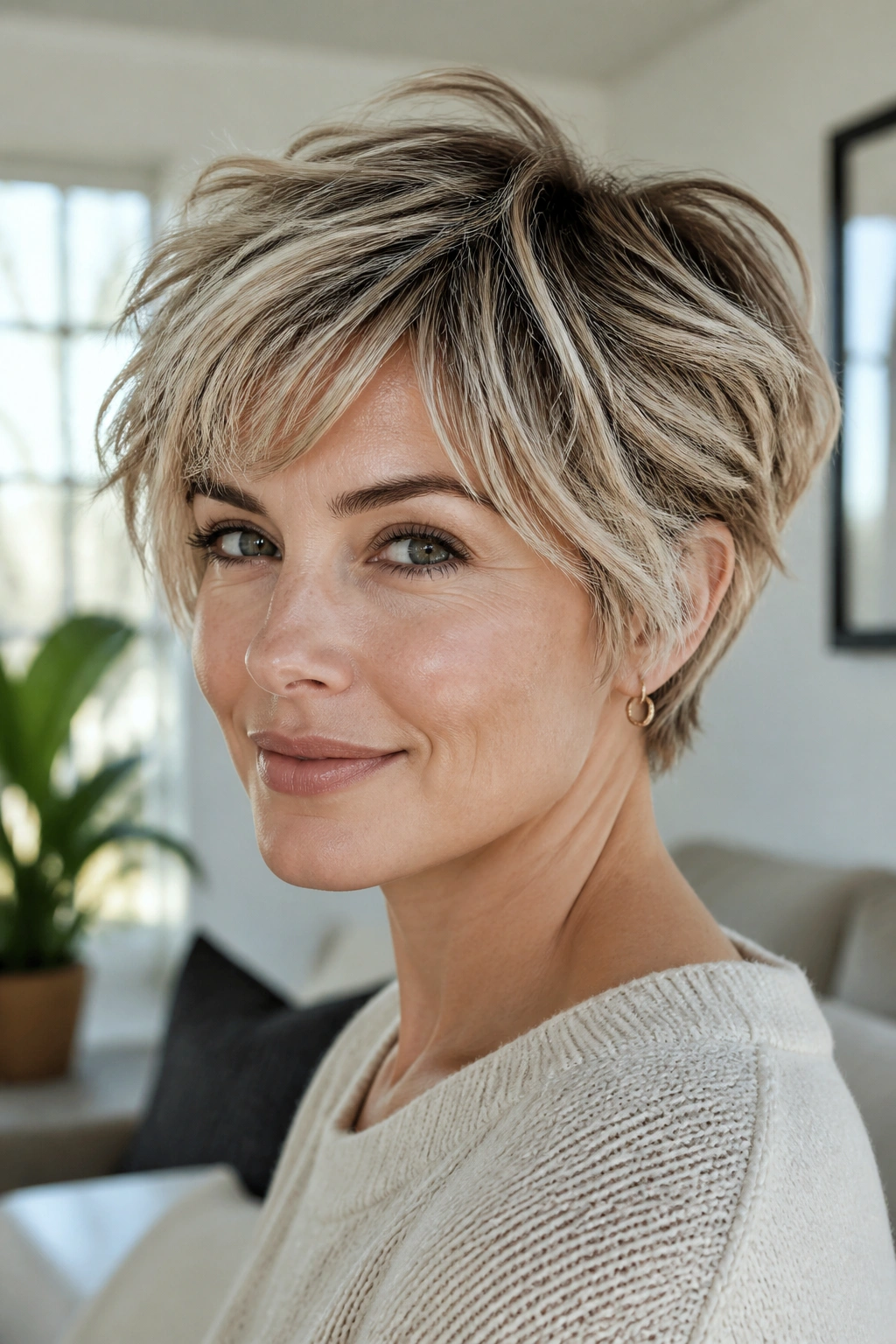 Portrait of a woman with a bixie hairstyle in a bright living room