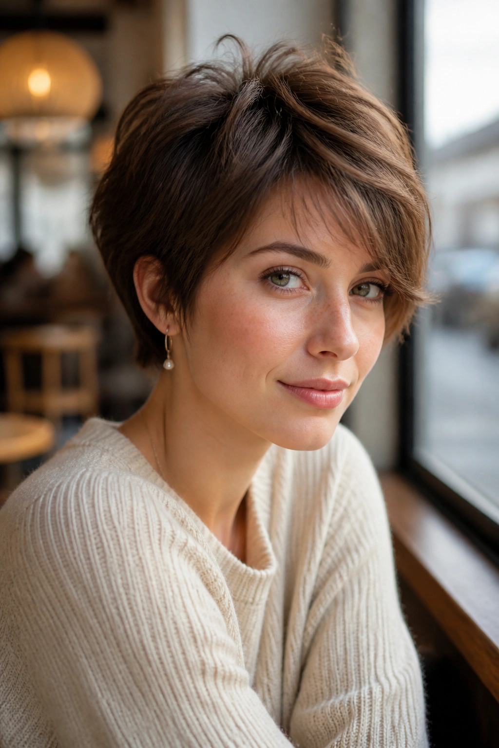 Close-up portrait of a real woman with bixie haircut showing softer line for thick hair.