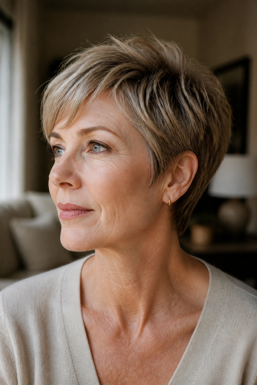 Close-up portrait of a real woman with The Bixie haircut showing textured top and tidy sides in warm window light.