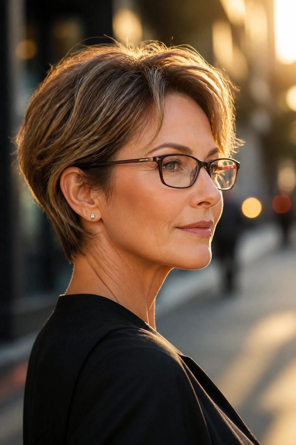 Portrait of a woman with a bixie hairstyle and slim rectangular glasses in an urban setting.