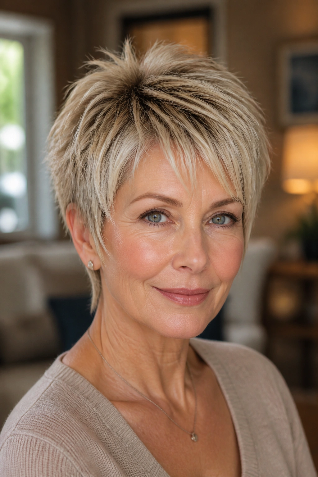 Close-up portrait of an older woman with a bixie haircut and piecey crown in warm living room light