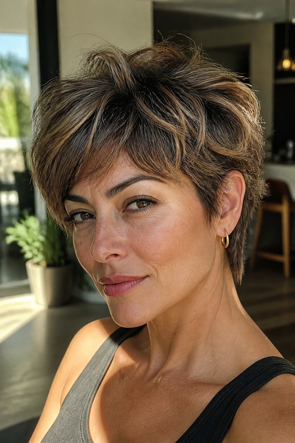 Close-up portrait of a real woman with bixie hairstyle and heavy texture