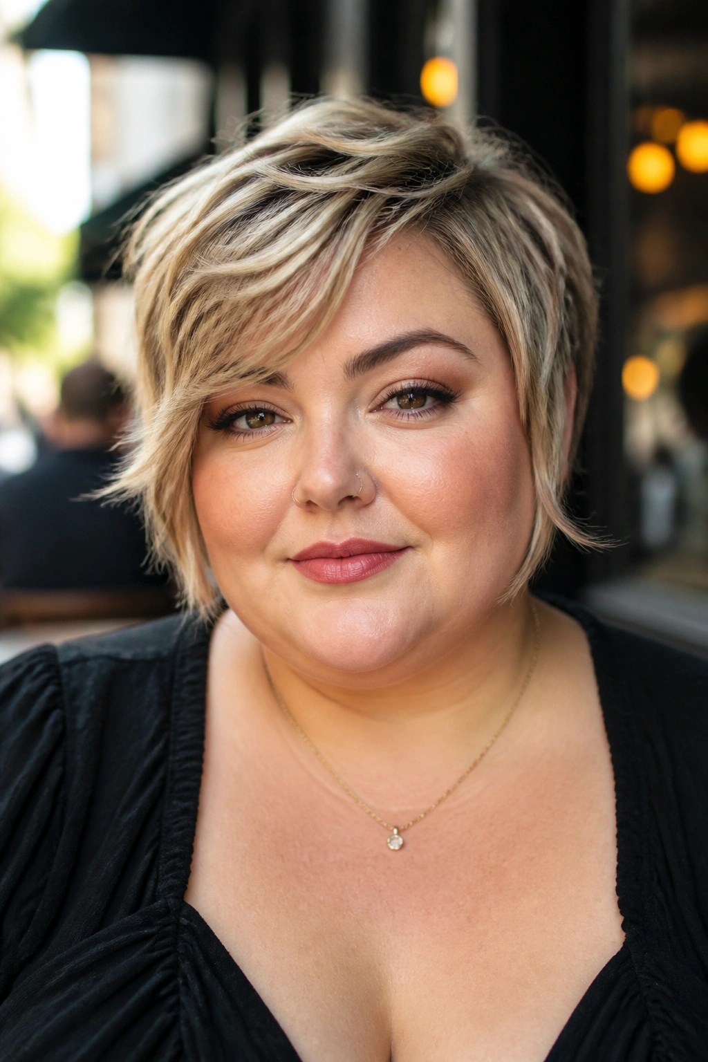 Close-up portrait of a real woman with bixie hairstyle and jaw-skimming pieces.