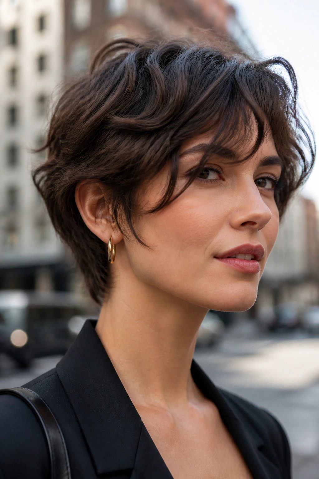 Portrait of a real woman with layered bixie cut showing layered top and back