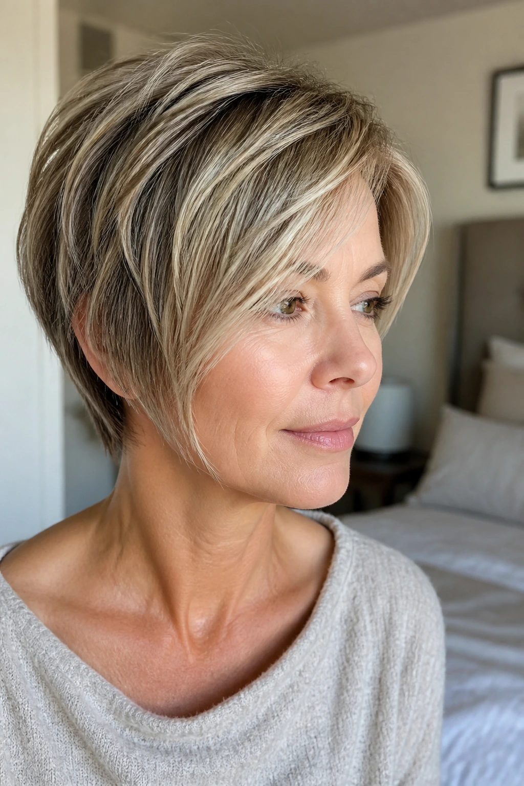 Portrait of a woman with bixie-inspired layered pixie bob