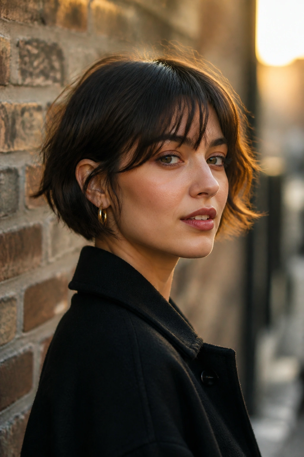 Real person with bixie-leaning French bob on city street at golden hour