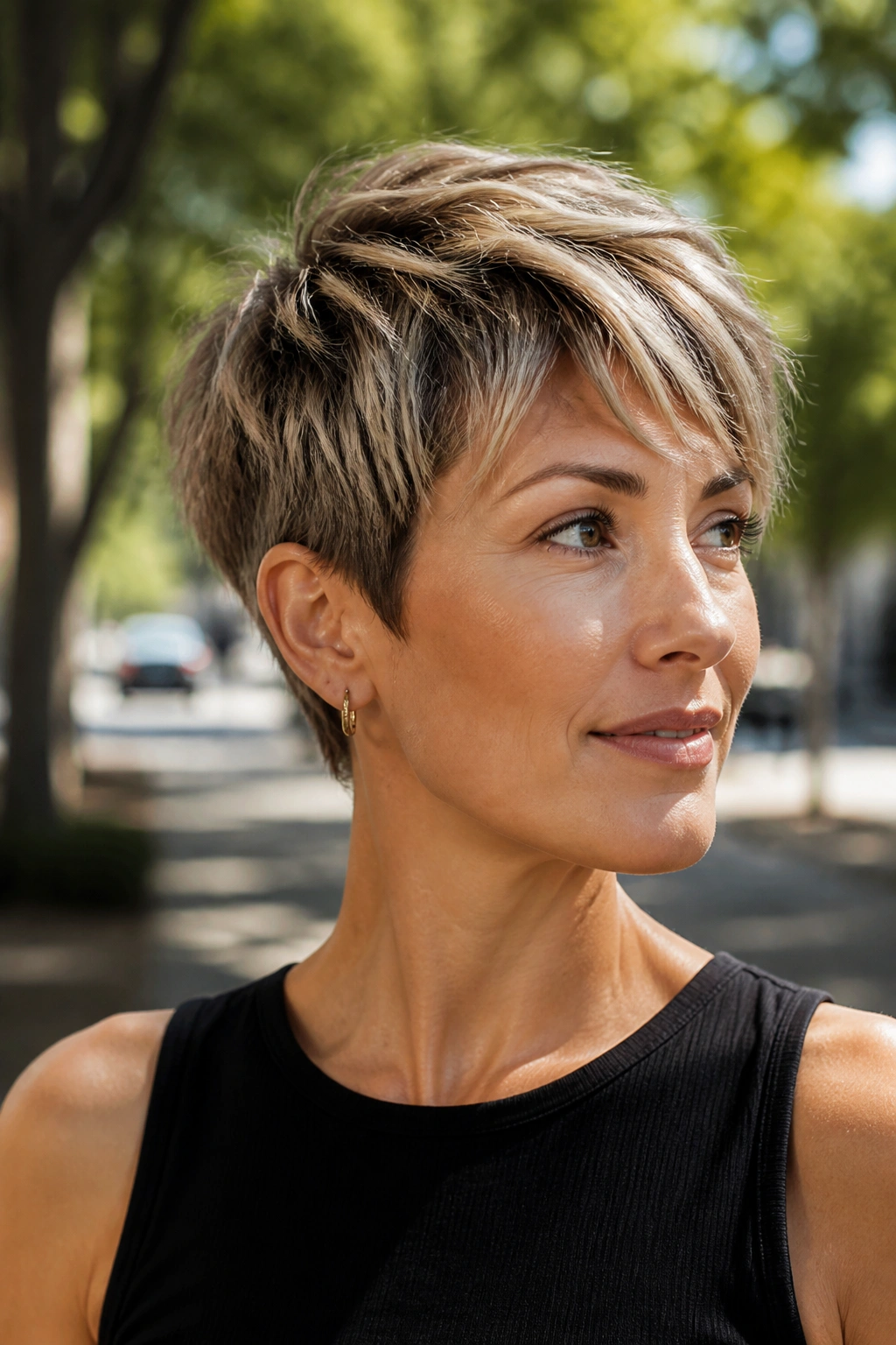 Portrait of a person with bixie hairstyle featuring long crown texture.