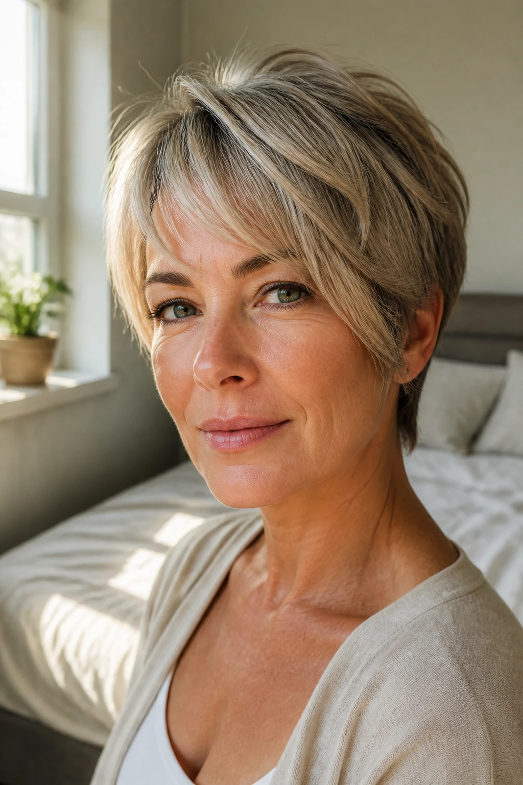 Close-up portrait of a real woman with a bixie haircut featuring micro layers and cheek framing in warm window light