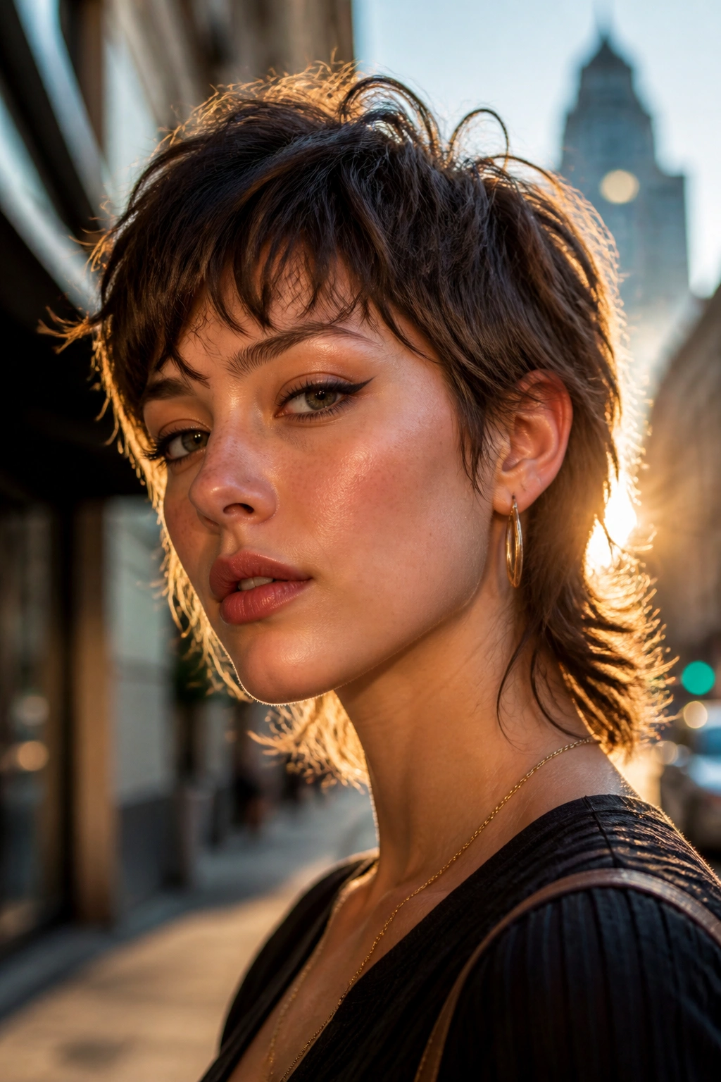 Close-up of a woman with bixie mullet in urban golden hour light