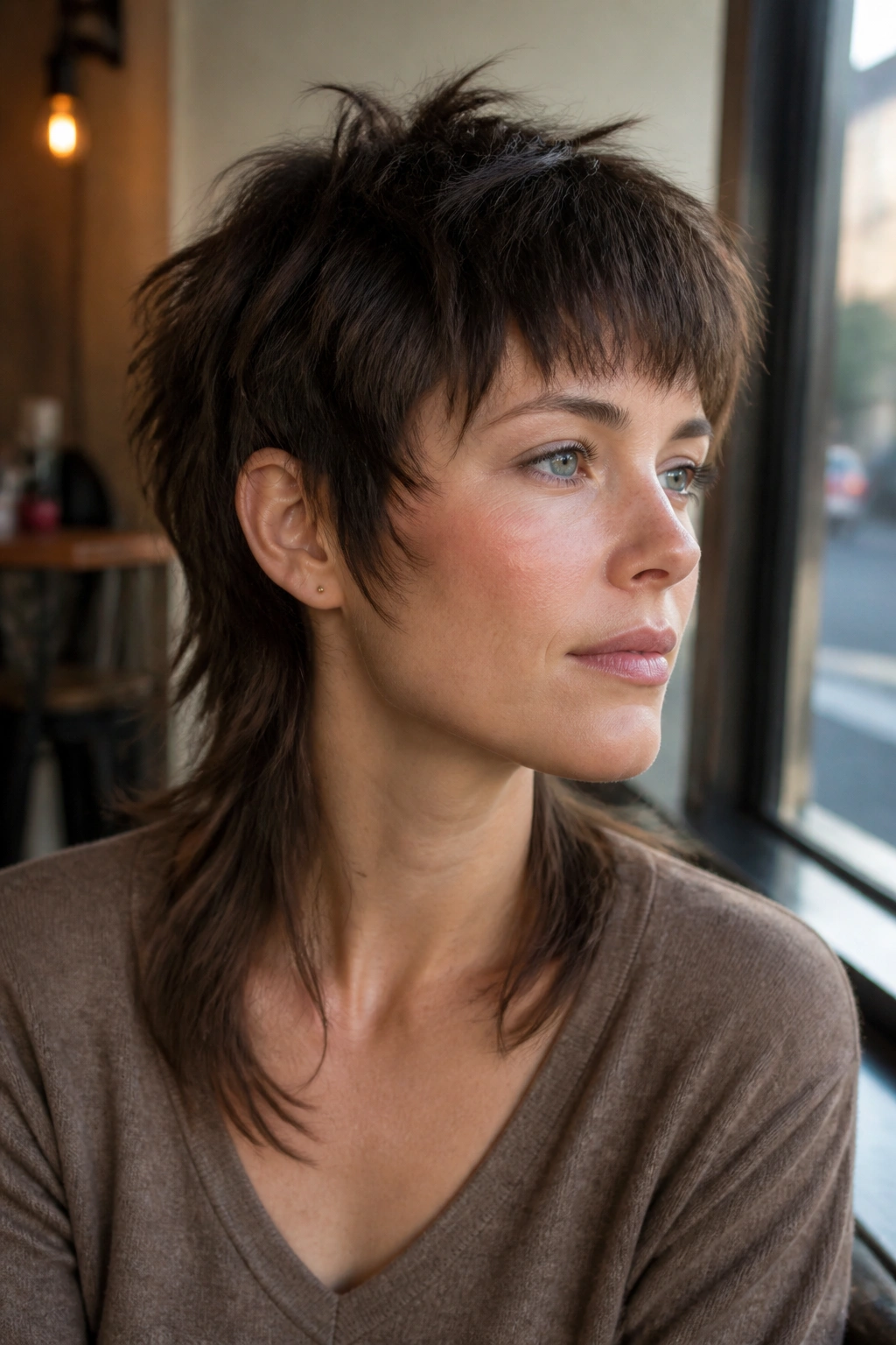 Close-up portrait of a person with bixie mullet shag under warm cafe lighting