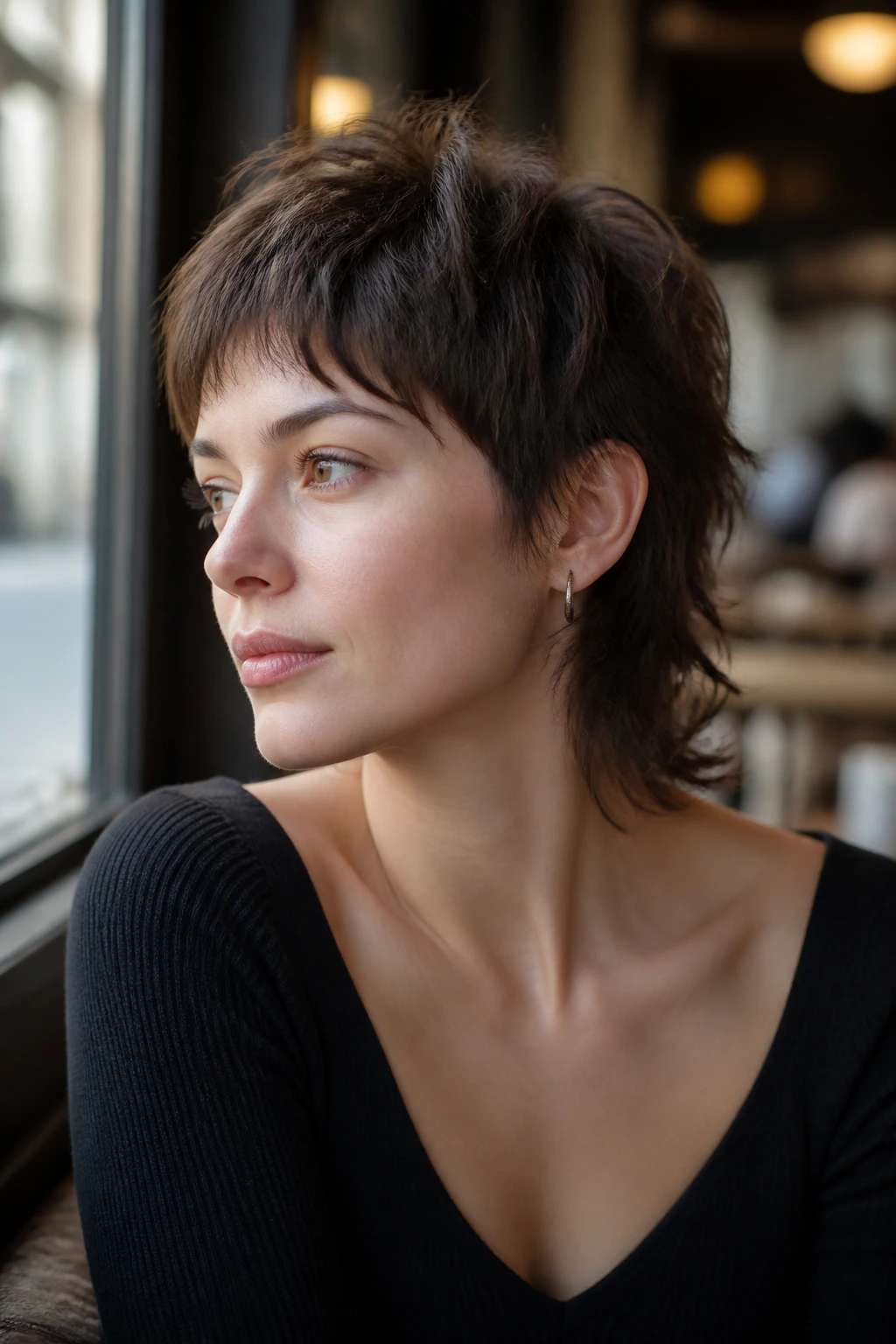 Close-up portrait of a woman with a bixie mullet showing short front and longer back.