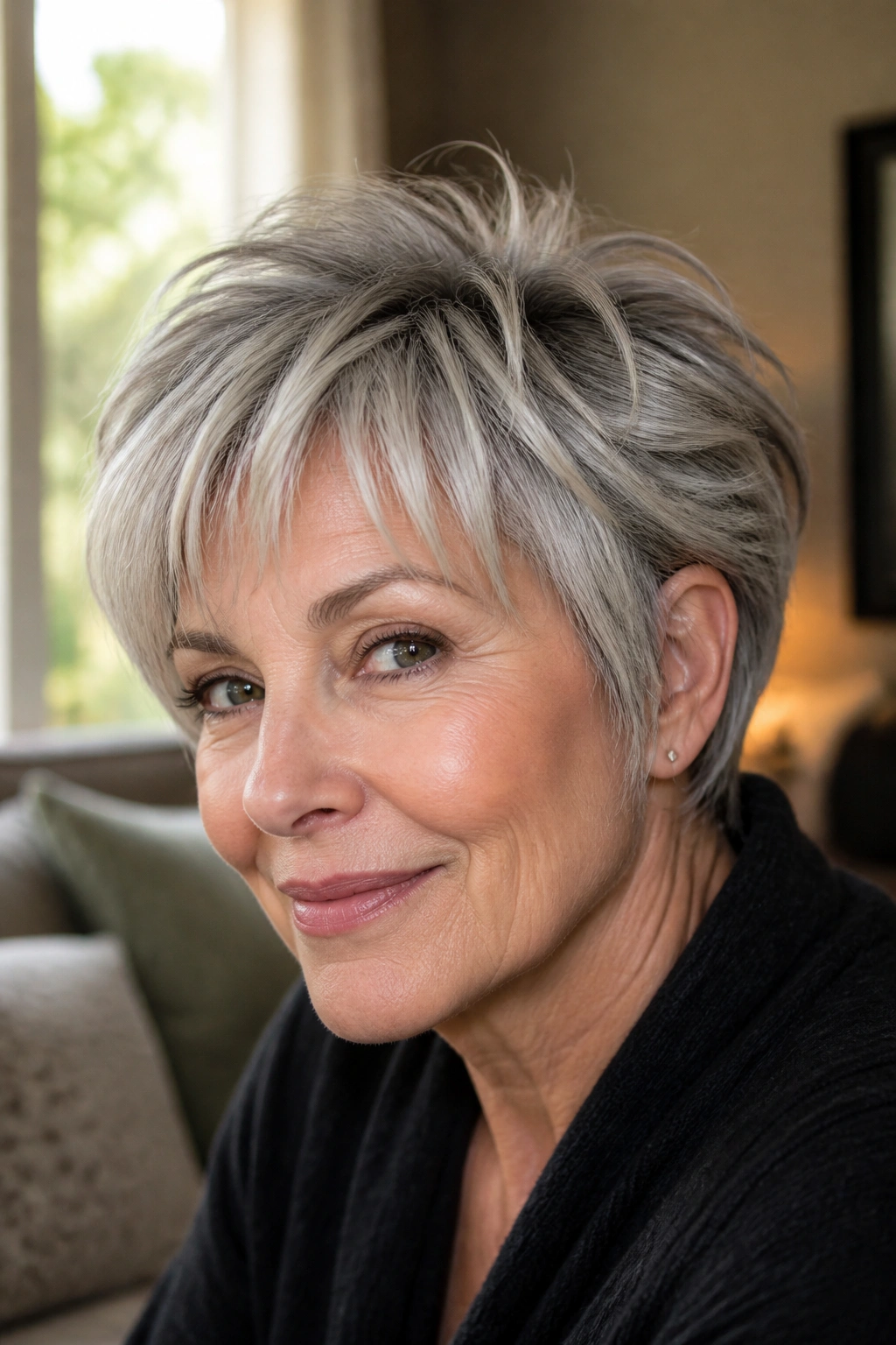 Real woman with bixie cut and piecey bangs in gray hair