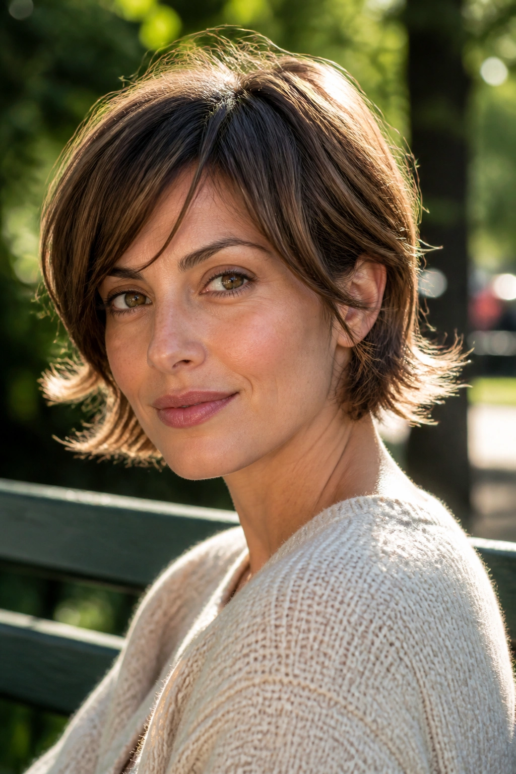 Close-up portrait of a real woman with bixie-leaning long pixie bob and flip-out ends