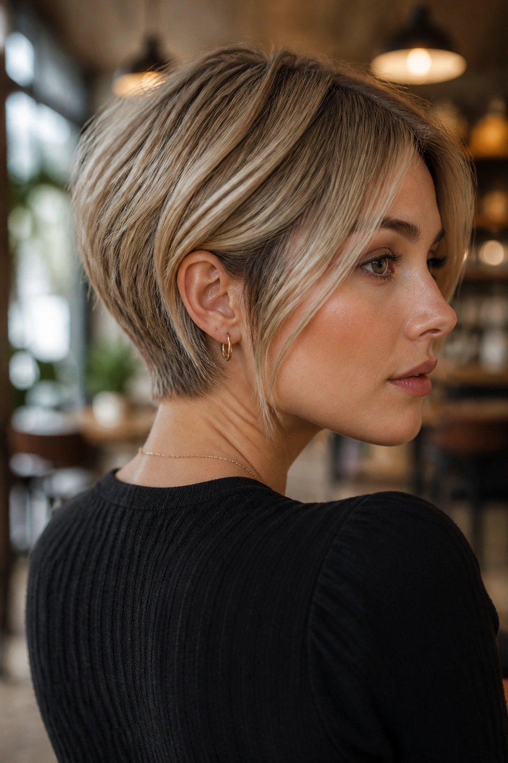 Close-up portrait of a real woman with bixie pixie bob graduation in natural cafe light