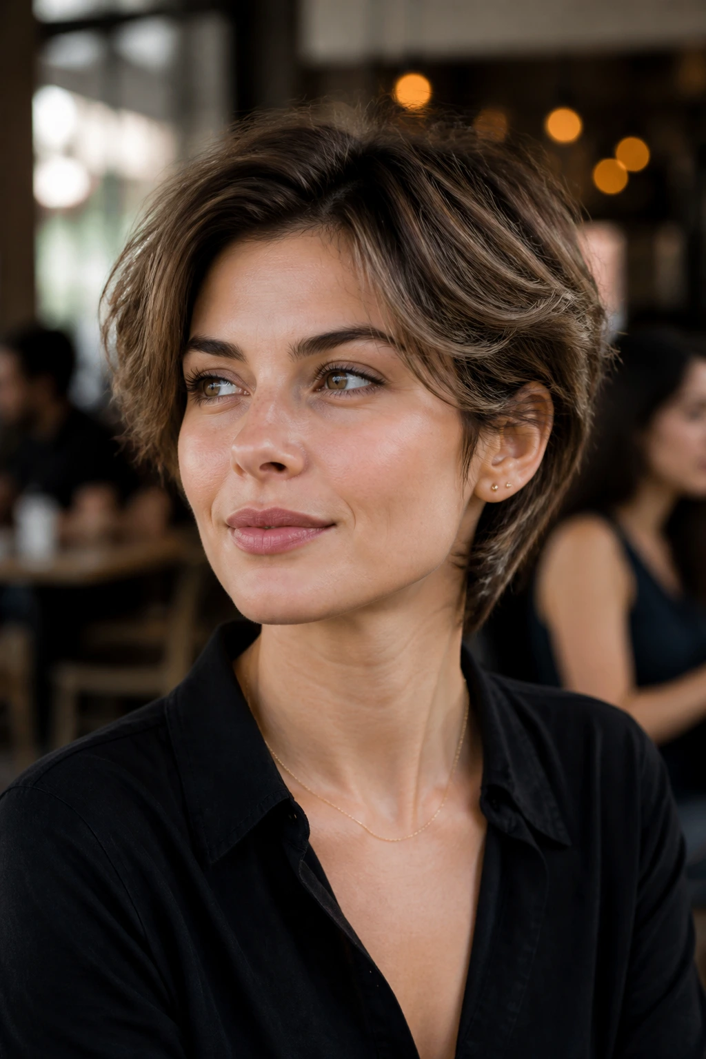 Medium close-up of real person with bixie hairstyle (textured pixie-bob) in cafe setting
