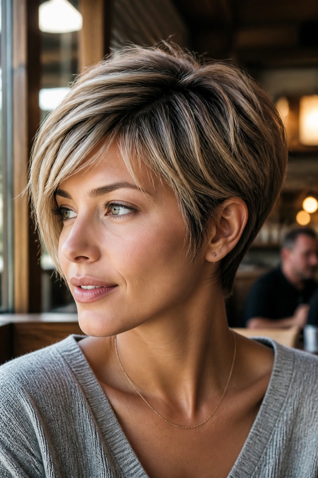 Close-up portrait of a real woman with bixie-inspired pixie, jaw-skimming length