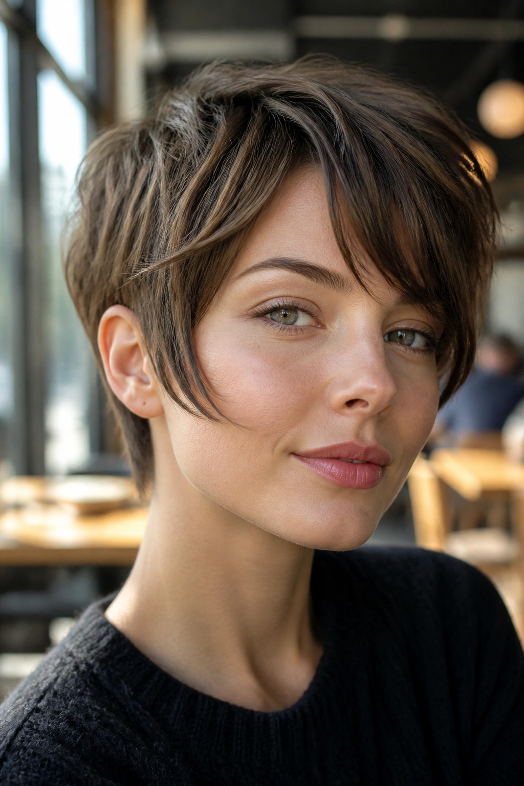 Close-up portrait of a real person with bixie-leaning pixie showing temple-length pieces