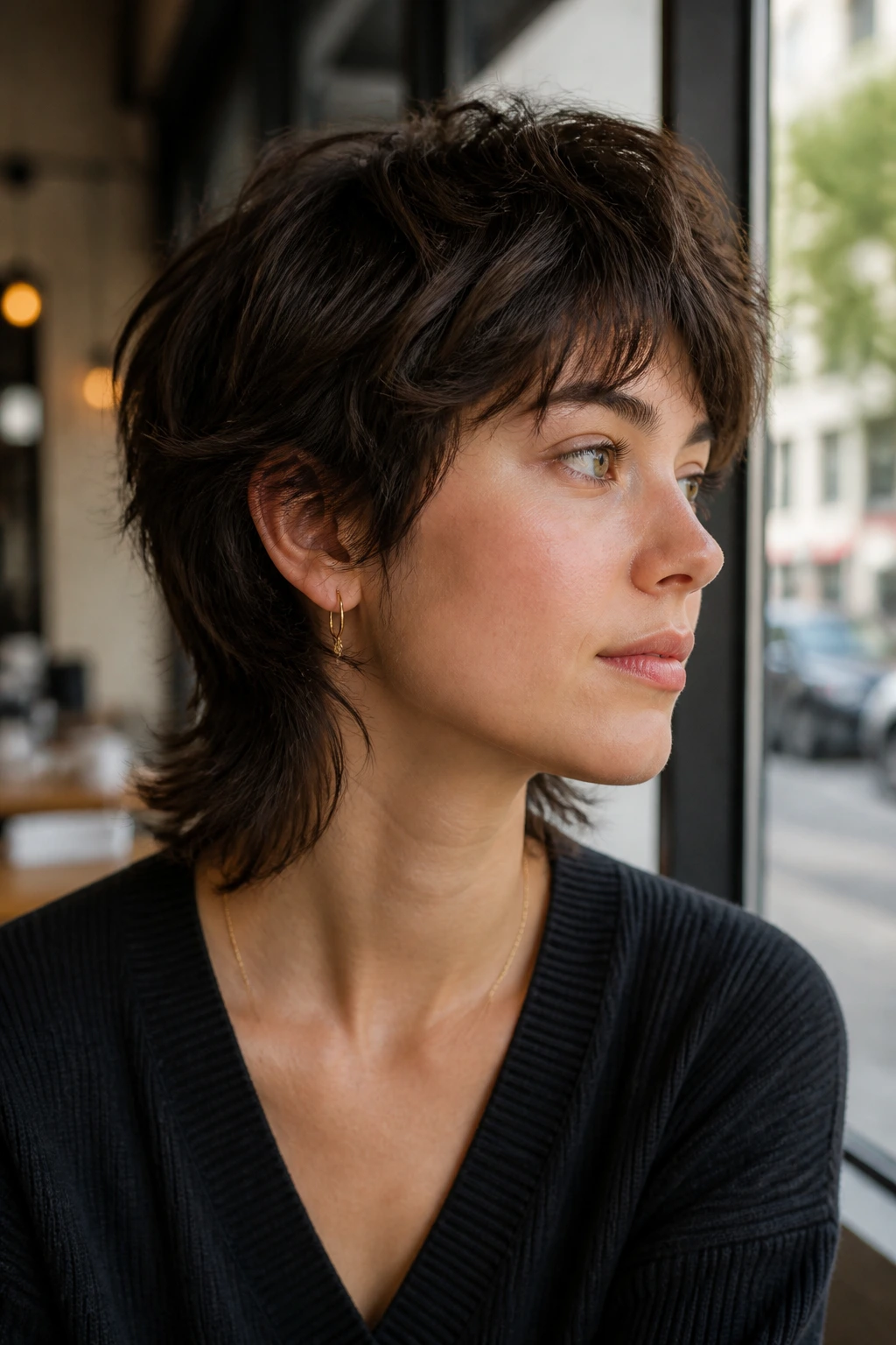 Medium close-up of a real person with a bixie shag for dense hair, showing tapered sides and longer nape.