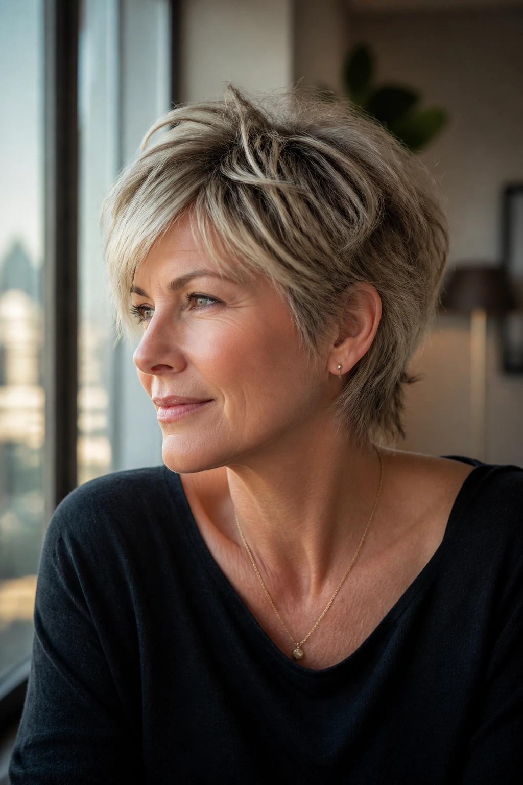 Portrait of a real woman with the Bixie shag hybrid haircut.