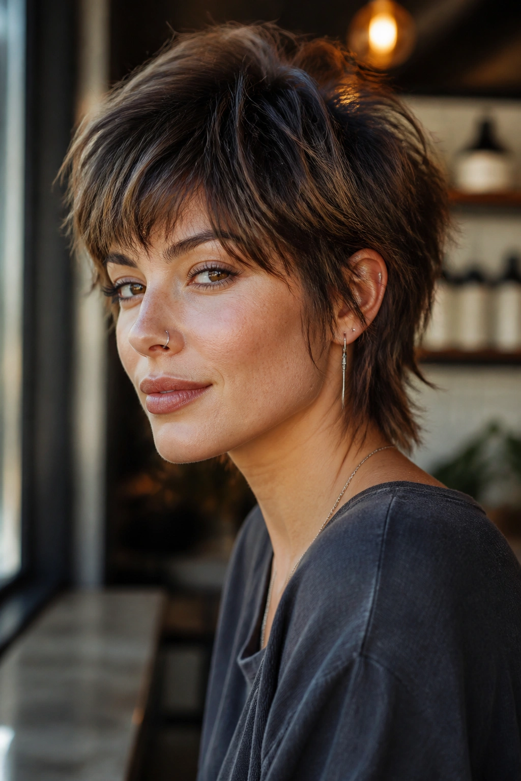 Medium close-up of a real woman with bixie shag hairstyle