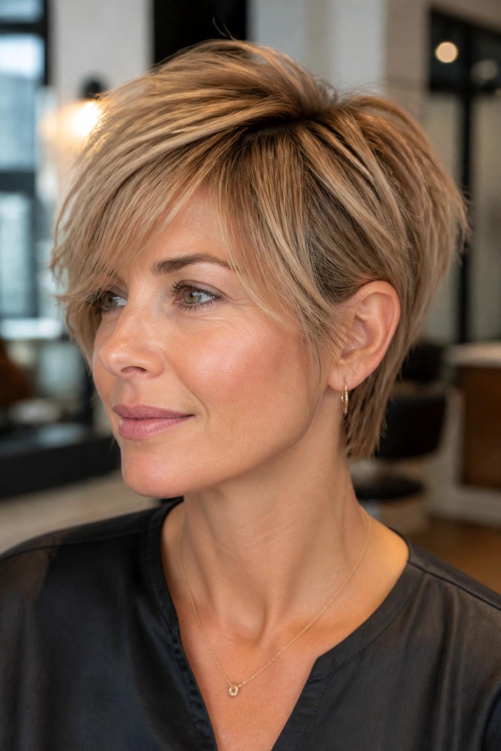Portrait of a woman with a bixie hairstyle in a salon setting.