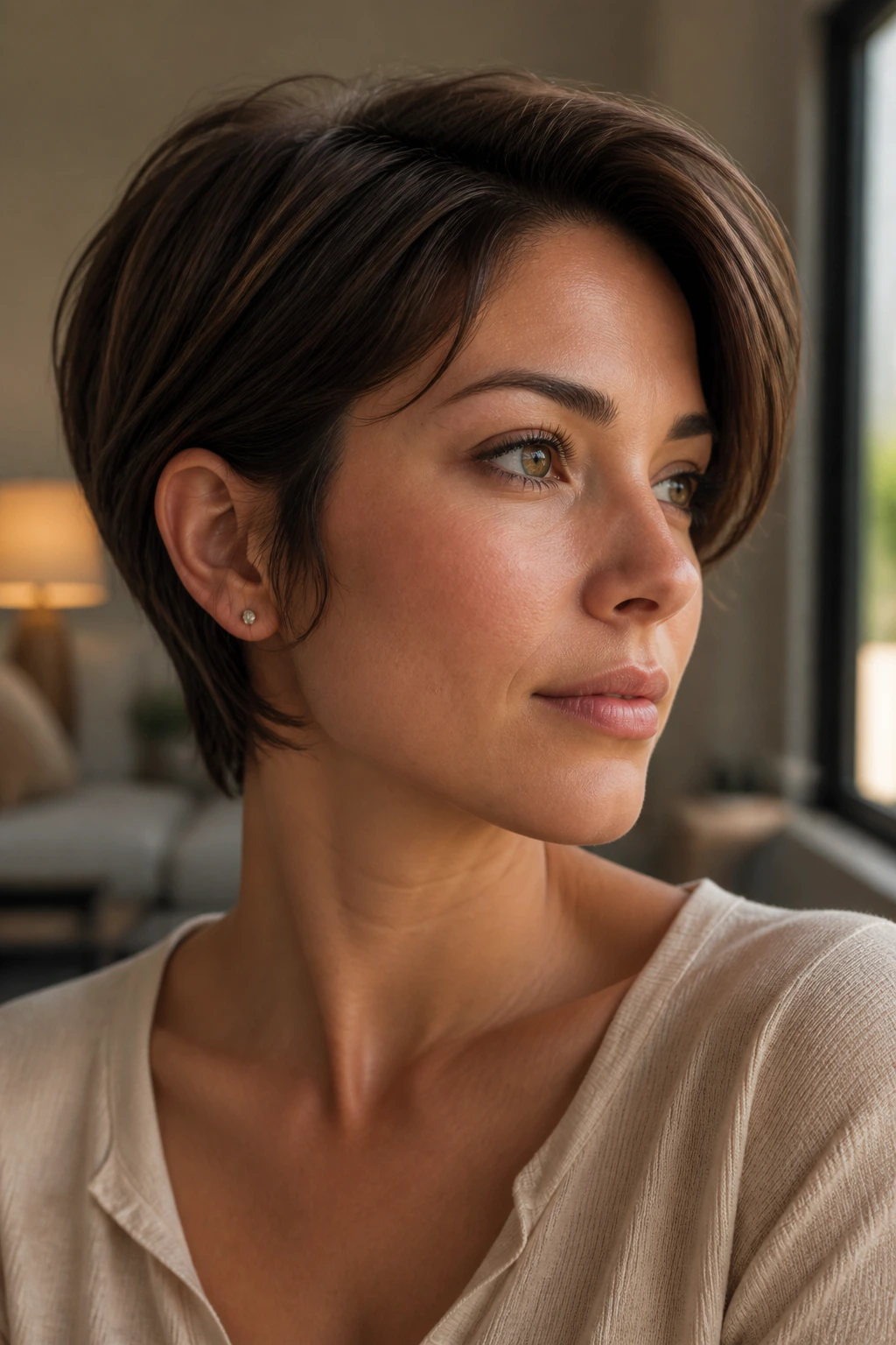 Close-up of a person with a bixie cut and soft sideburns in warm light.