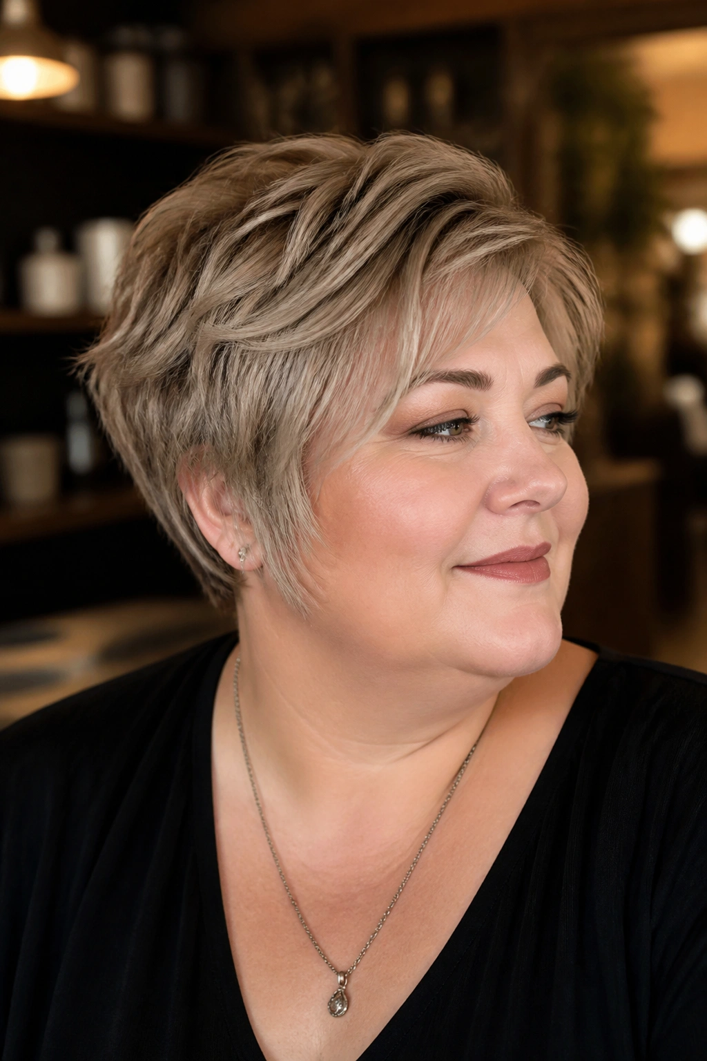 Portrait of a real woman with soft-textured bixie and crown lift.