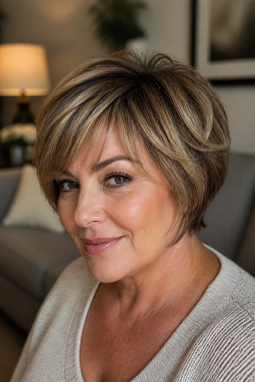Portrait of a real woman with bixie hairstyle showing soft texture