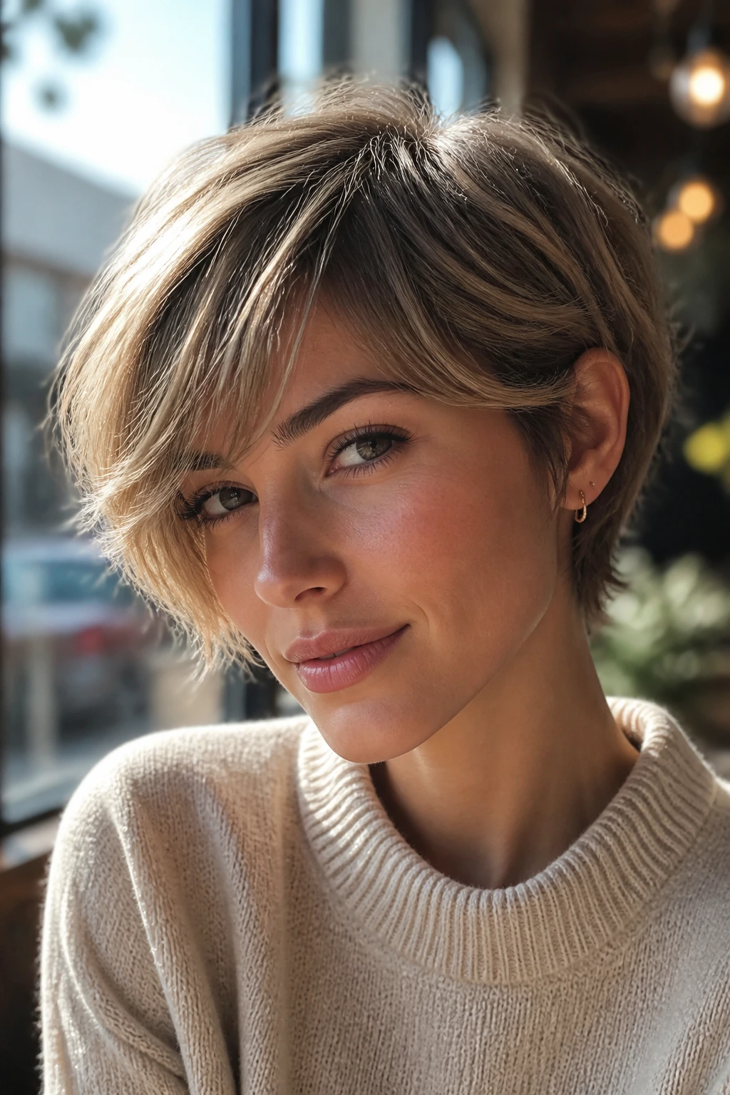 Close-up of a real woman with a bixie haircut and sweeping bangs in a sunlit cafe