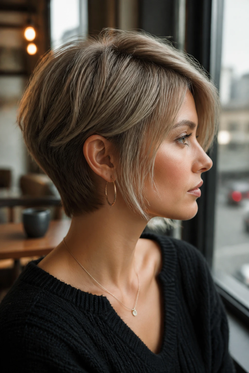 Close-up portrait of a real woman with a bixie haircut and tapered nape