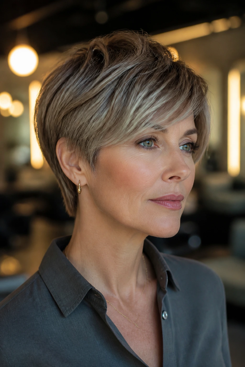 Close-up of real woman with bixie haircut and tapered sides