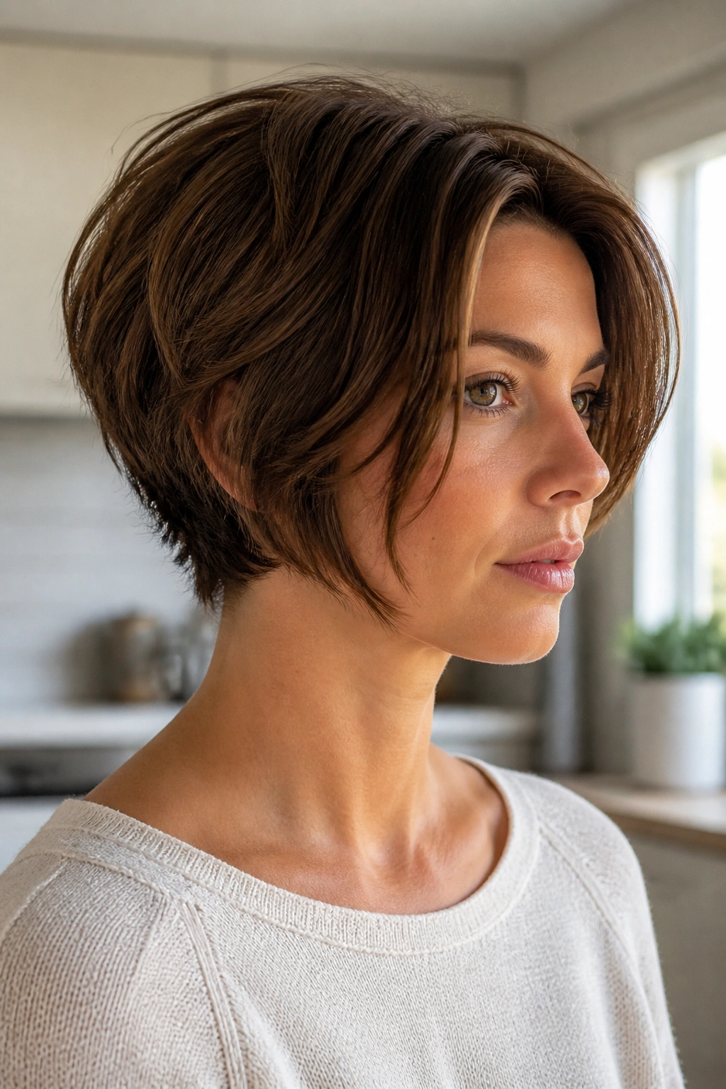 Real woman with bixie haircut showing short back and longer front.