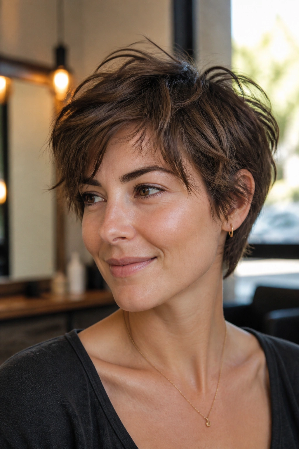 Close-up of a real woman with a tousled bixie hairstyle in a warm salon setting