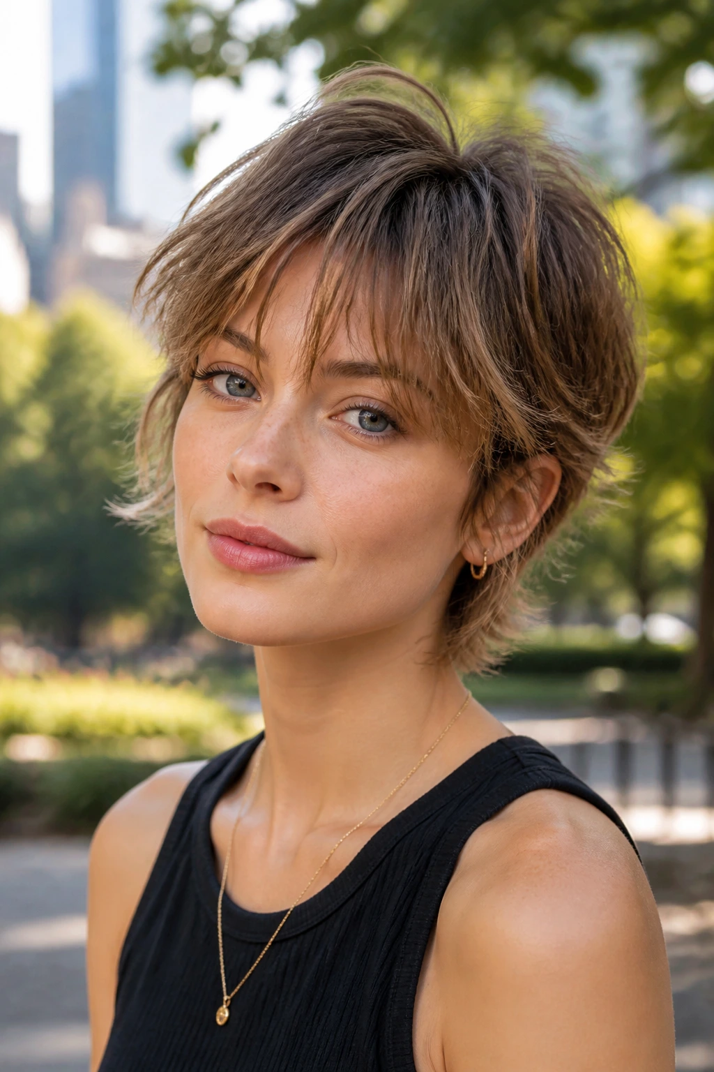 Portrait of a real person with bixie hairstyle and wispy fringe in park light.