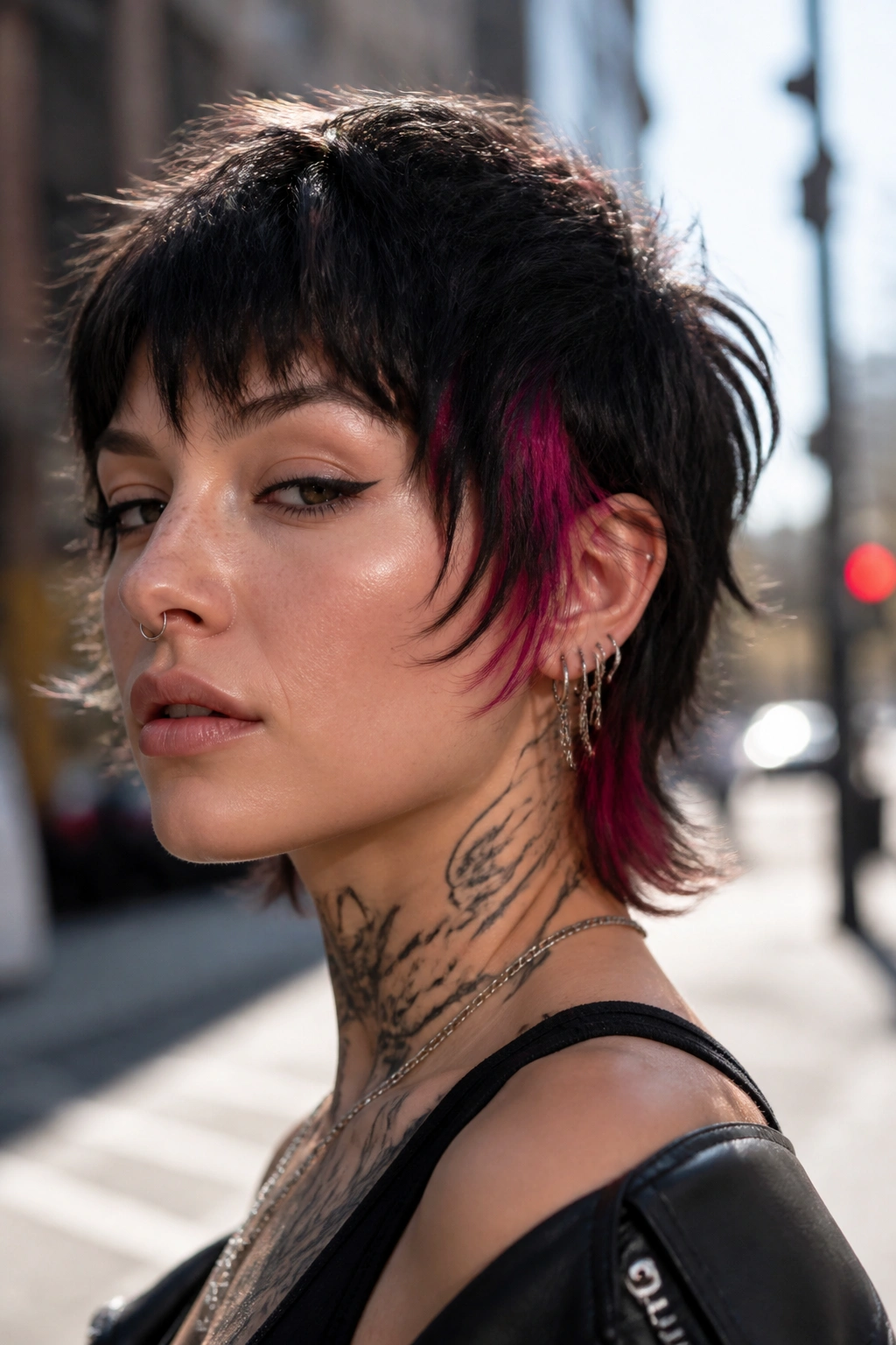 Real woman with punky textured bixie wolf cut and color panels in daylight