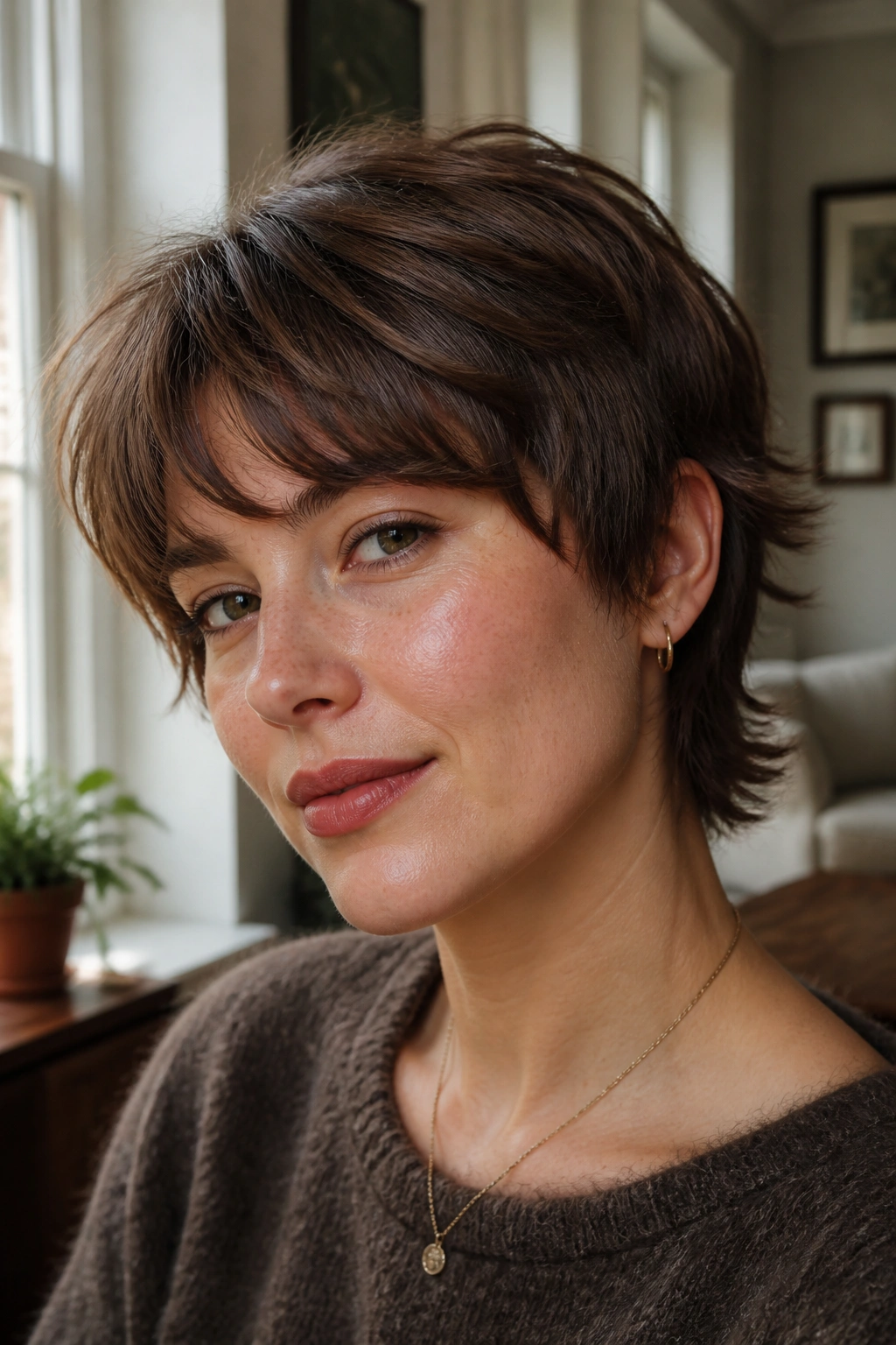 Close-up portrait of a real woman with a low-maintenance grow-out bixie wolf cut under warm window light