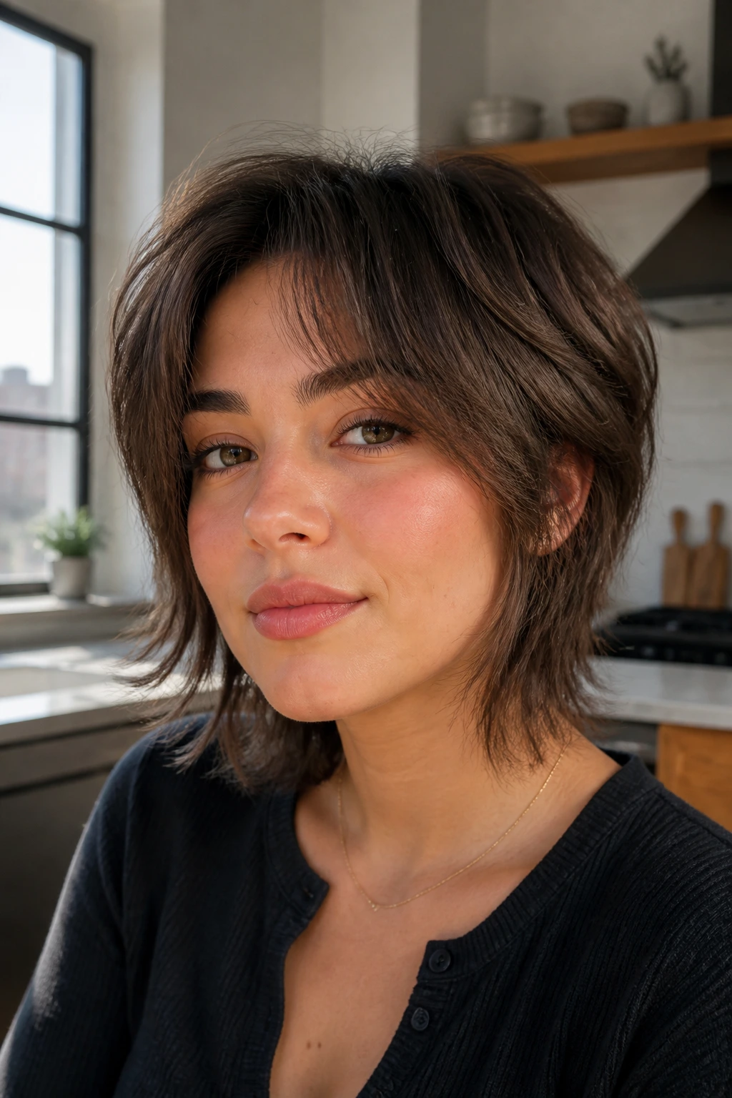 Real person with bixie-wolf hybrid hairstyle, mid-length between bob and pixie
