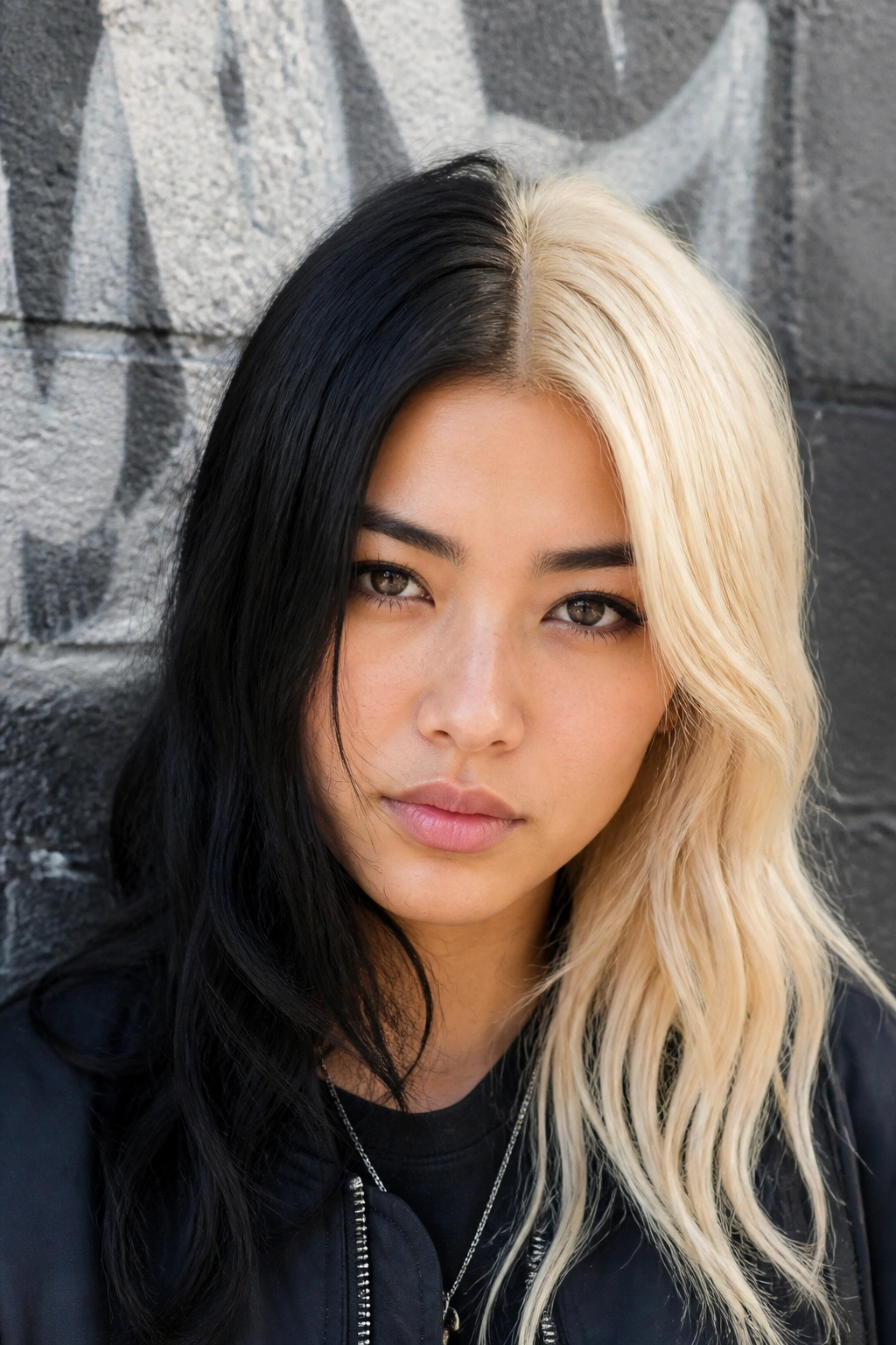 Close-up portrait of a real person with crisp black and bleached split dye hair.