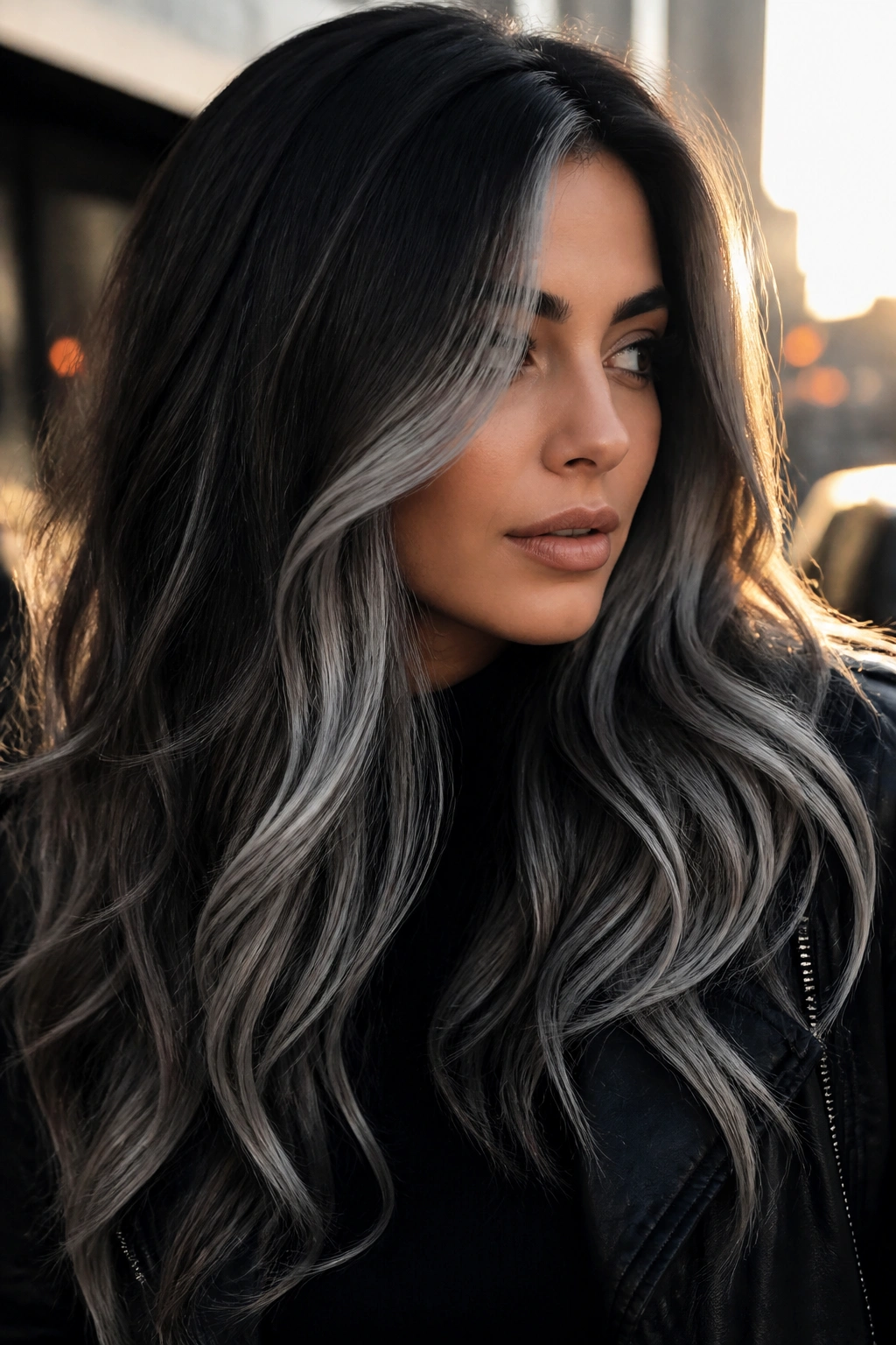 Espresso-dark base with ice silver highlights in a bold balayage look