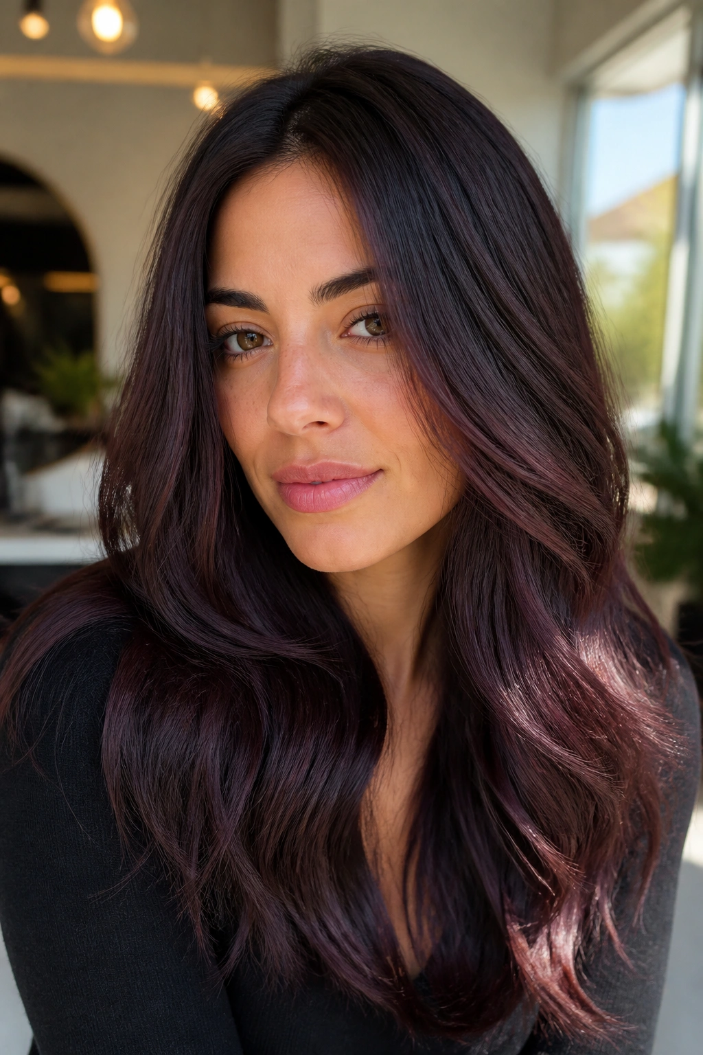 Close-up portrait of a real woman with black cherry brunette and plum undertones visible at the ends