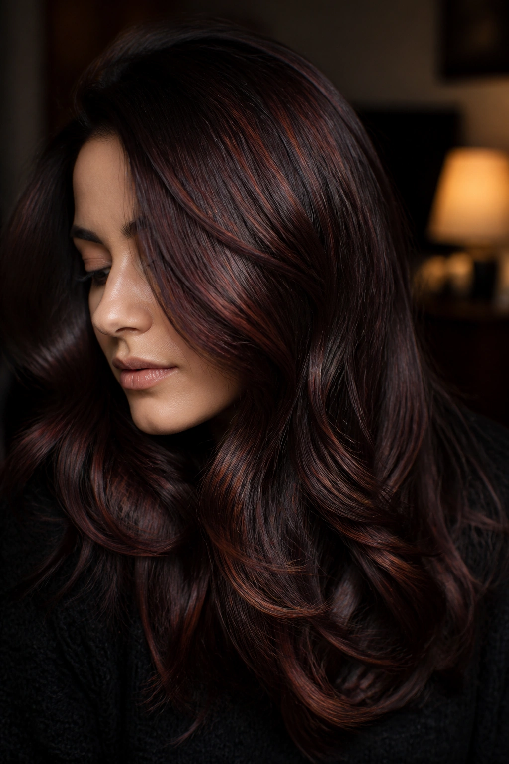 Close-up of a real woman's dark brown hair with black cherry espresso and red reflections
