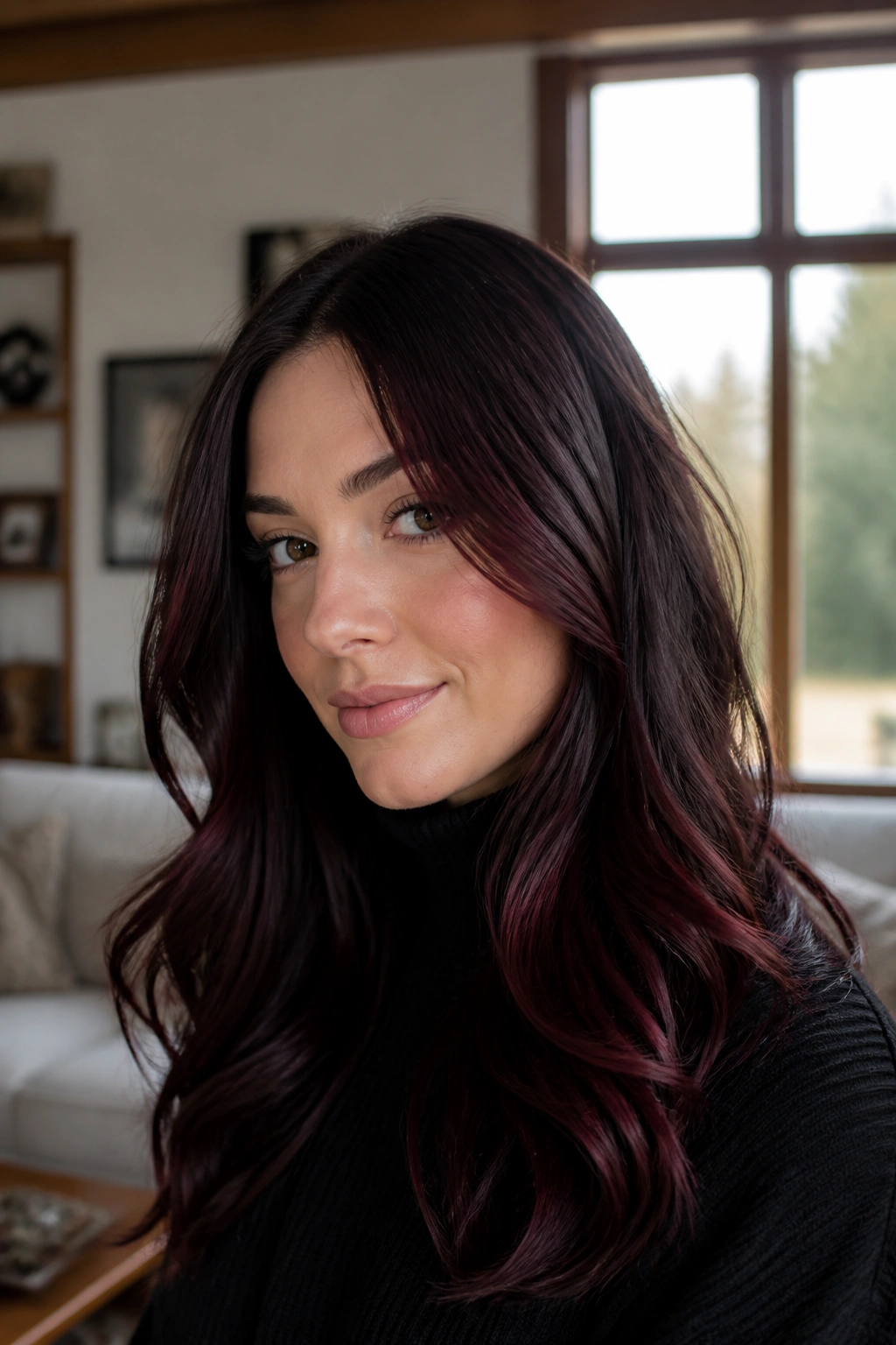 Close-up portrait of brunette with Black Cherry Glaze showing deep burgundy tones and cherry reflections